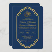 Invitation Élégant Mariage islamique bleu foncé et or (Devant / Derrière)