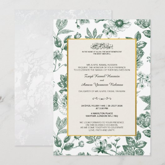 Invitation Élégant mariage islamique botanique vert (Devant / Derrière)