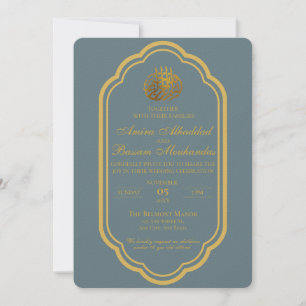 Invitation Élégant Mariage islamique d'ardoise bleu et or