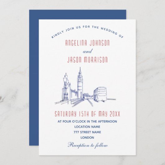 Invitation Élégant Mariage londonien (Devant / Derrière)