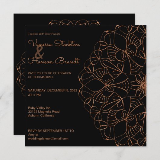 Invitation Élégant Mariage Mandala en laiton (Devant / Derrière)