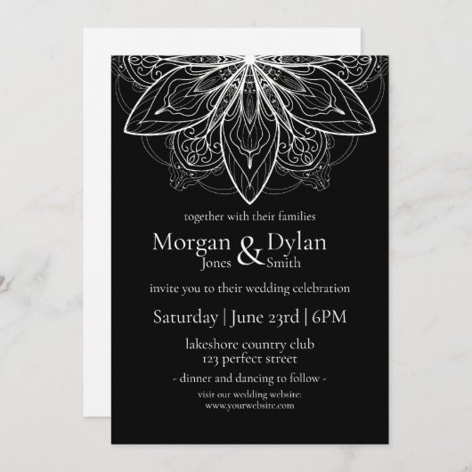 Invitation Élégant Mariage Mandala noir et blanc (Devant / Derrière)