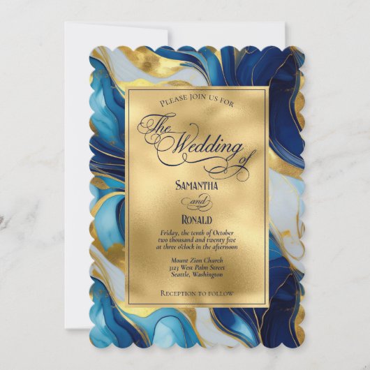 Invitation Elégant Mariage marbré Faux Gold, Bleu et Blanc (Devant)