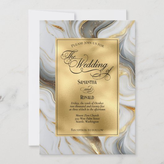 Invitation Elégant Mariage marbré Faux Gold, Grey et Blanc (Devant)