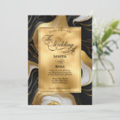 Invitation Elégant Mariage marbré Faux Gold, noir et blanc (Debout devant)