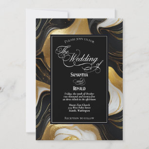 Invitation Elégant Mariage marbré Faux Gold, noir et blanc