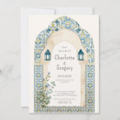 Invitation Elégant Mariage marocain bleu et carrelage jaune (Devant)