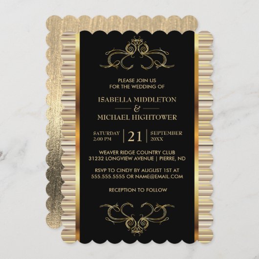 Invitation Élégant Mariage métallique noir et or (Devant / Derrière)