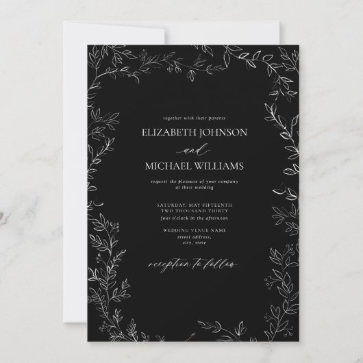 Invitation Élégant Mariage minimal feuille noir & blanc moder (Devant)