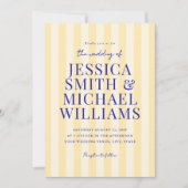 Invitation Élégant Mariage moderne bleu jaune rayé (Devant)