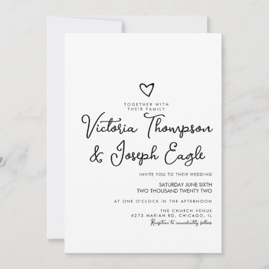Invitation Élégant Mariage Moderne Écriture Cœur Noir Blanc   (Devant)