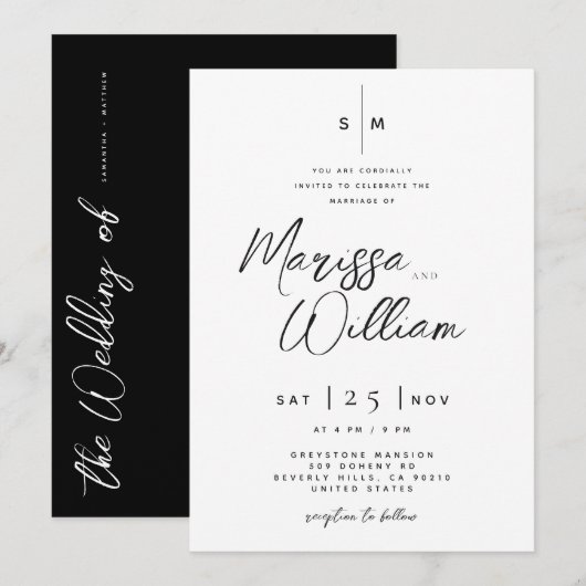 Invitation Élégant mariage moderne écriture noir et blanc (Devant / Derrière)