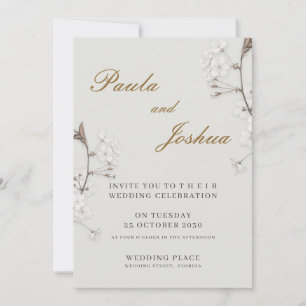 Invitation Élégant Mariage Moderne Floral Blanc Écriture Doré