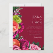 Invitation élégant mariage moderne floral bordeaux (Devant)