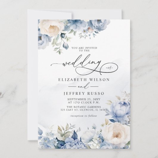 Invitation Élégant Mariage moderne géométrique Dusty bleu flo (Devant)