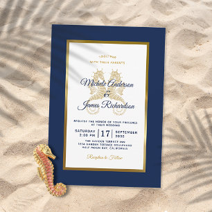 Invitation Élégant mariage moderne Hippocampes bleu marine et