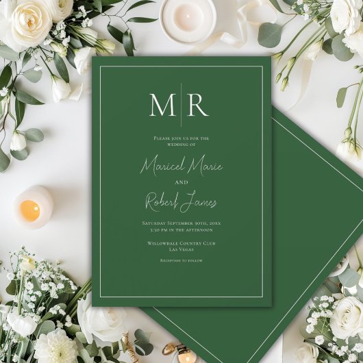 Invitation Élégant Mariage Moderne Monogram Vert Chasseur