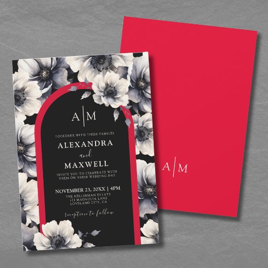 Invitation Élégant Mariage moderne noir rouge floral