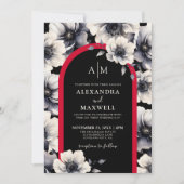 Invitation Élégant Mariage moderne noir rouge floral (Devant)