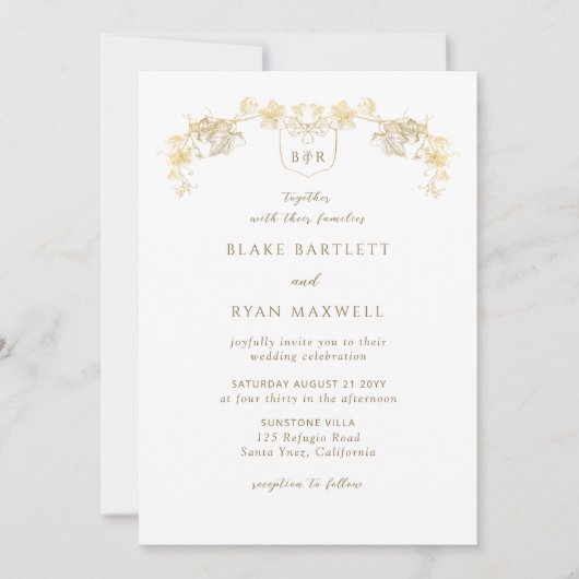 Invitation Élégant Mariage Monogramme blanc et or enchanteur (Devant)