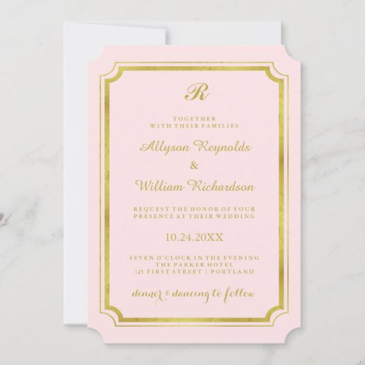 Invitation Élégant Mariage Monogramme Blush Pink et Faux Gold (Devant)