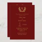 Invitation Élégant Mariage Monogramme Chic Leaf Rouge Or (Devant / Derrière)