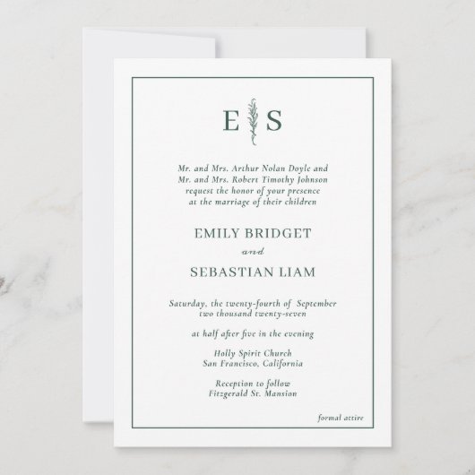 Invitation Élégant Mariage Monogramme Emerald Green (Devant)