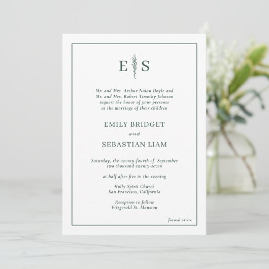 Invitation Élégant Mariage Monogramme Emerald Green (Debout devant)