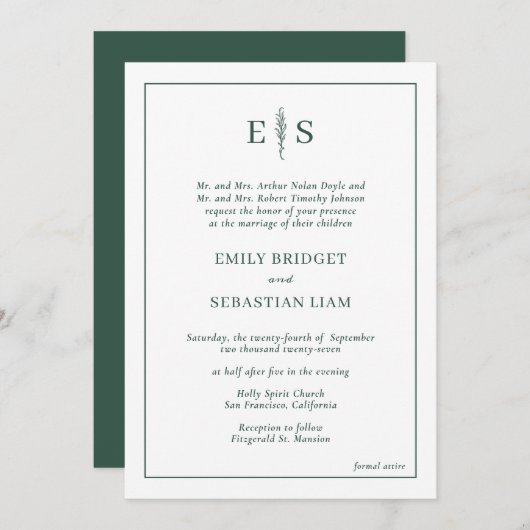 Invitation Élégant Mariage Monogramme Emerald Green (Devant / Derrière)