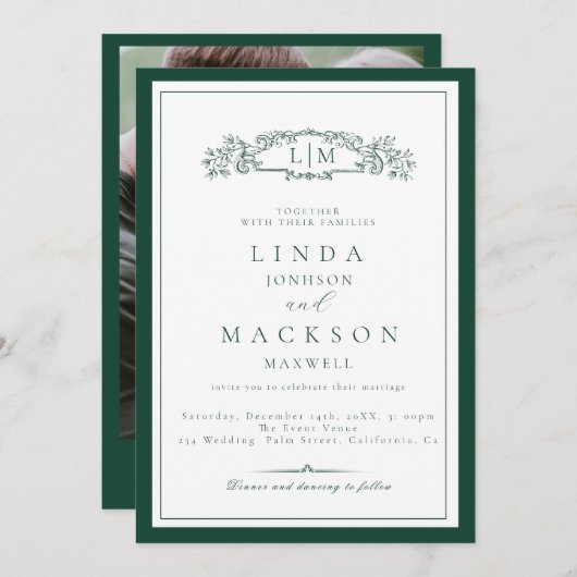 Invitation Élégant Mariage Monogramme Emerald Green Crest (Devant / Derrière)