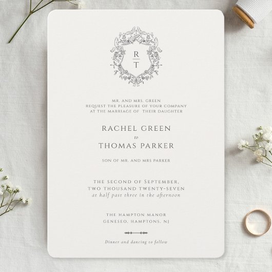 Invitation Élégant Mariage Monogramme Formel Blanc Noir 