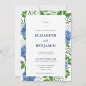 Invitation Élégant Mariage Monogramme Gold Blue Hydrangeas (Devant)