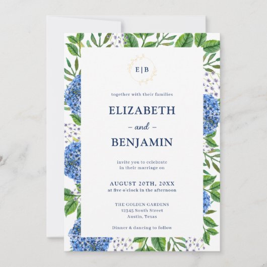 Invitation Élégant Mariage Monogramme Gold Blue Hydrangeas (Devant)