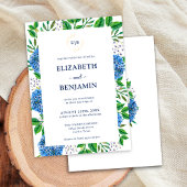 Invitation Élégant Mariage Monogramme Gold Blue Hydrangeas