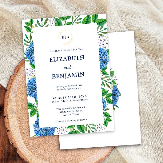 Invitation Élégant Mariage Monogramme Gold Blue Hydrangeas