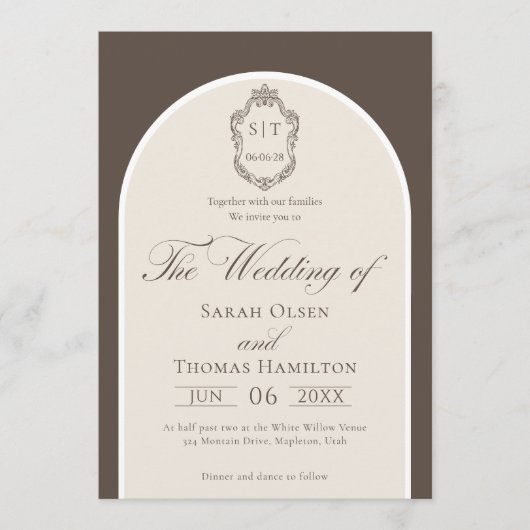 Invitation Élégant Mariage Monogramme Mocha Et Crème (Devant)