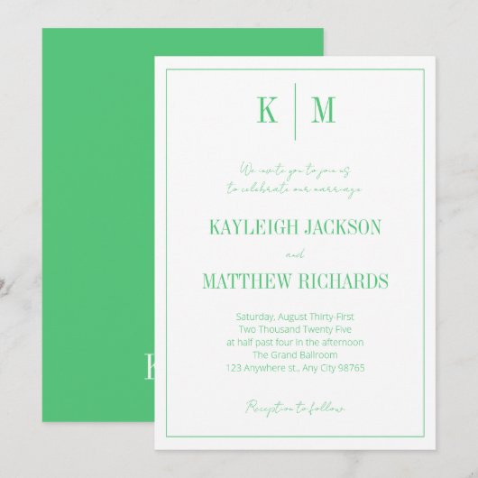 Invitation Élégant Mariage Monogramme Vert Émeraude (Devant / Derrière)