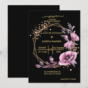 Invitation Elégant Mariage musulman noir et or floral Invit