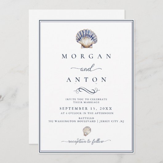 Invitation Élégant Mariage Nautique Bleu Script (Devant / Derrière)