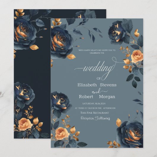 Invitation Elégant Mariage Navy Blue Gold Flowers (Devant / Derrière)