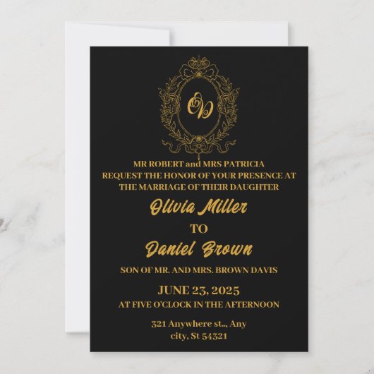 Invitation Élégant mariage noir avec logo floral cadre or (Devant)