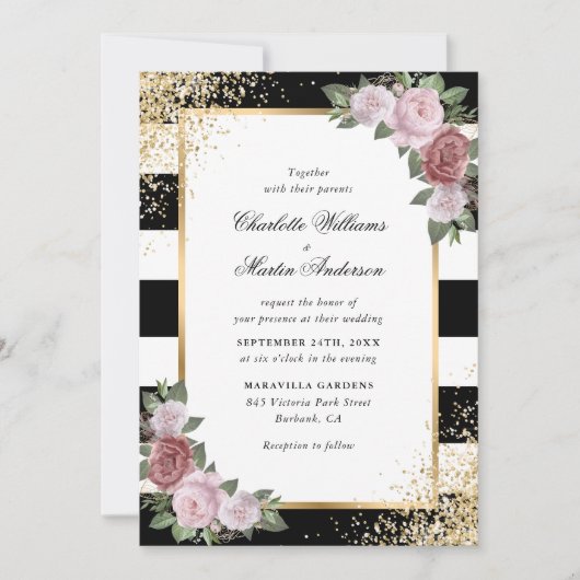 Invitation Élégant Mariage noir blanc bleu rose or (Devant)