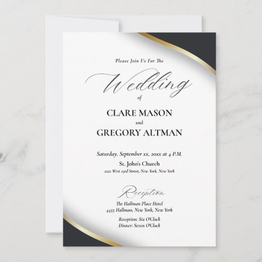 Invitation Élégant Mariage noir blanc or avec RSVP (Devant)