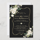 Invitation Elégant Mariage noir cadre or Fleurs blanches (Devant)