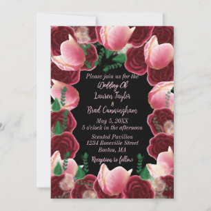 Invitation Élégant Mariage noir de Bourgogne et rose rose pâl