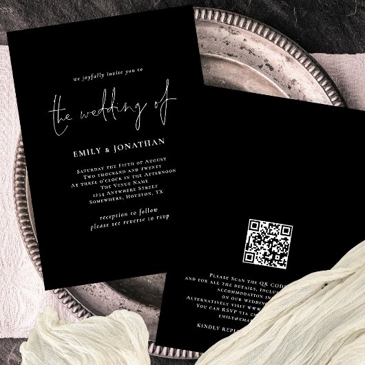 Invitation Élégant Mariage noir de code QR de script blanc