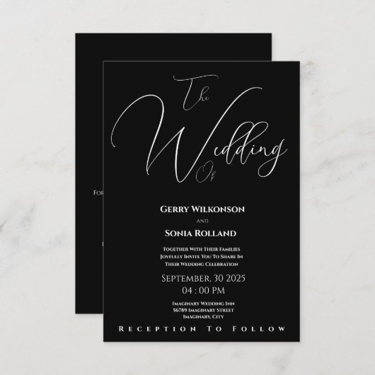 Invitation Élégant Mariage noir et blanc (Devant / Derrière)