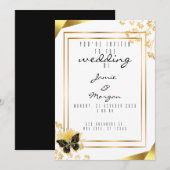 Invitation Élégant Mariage noir et blanc papillon brillant (Devant / Derrière)