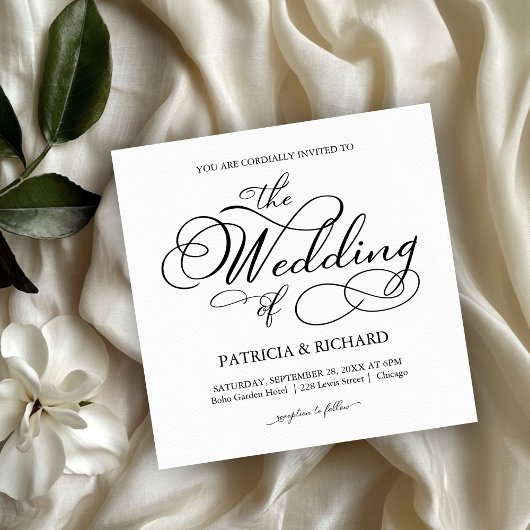 Invitation Élégant Mariage Noir et Blanc Script