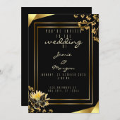 Invitation Élégant Mariage noir et brillant papillon noir (Devant / Derrière)